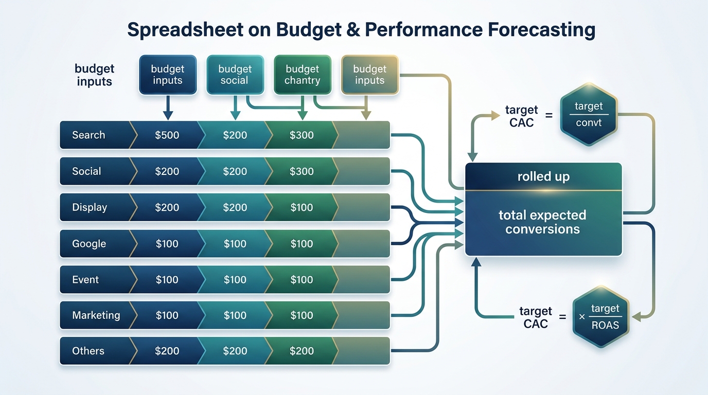 A flowchart showing a spreadsheet structure where top-level budget inputs flow down into channel rows, roll up into total expected conversions, and reconcile against target CAC and target ROAS formulas.