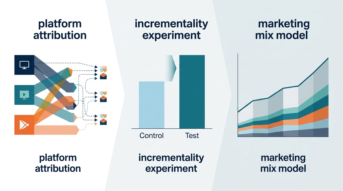 A diagram comparing three measurement lenses: platform attribution showing overlapping credit claims, an incrementality experiment showing test versus control lift, and a marketing mix model evaluating macro sales trends over time.