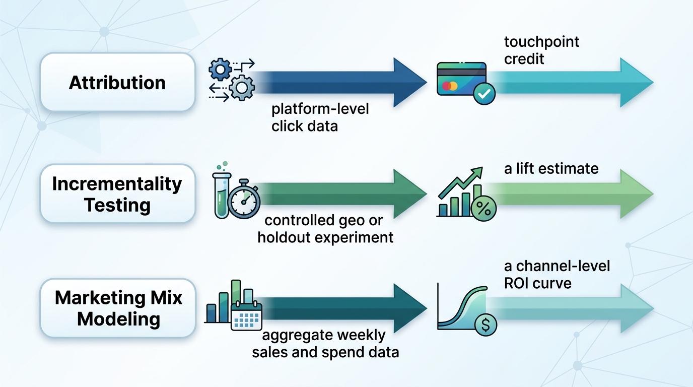 A simple diagram showing three parallel tracks labeled Attribution, Incrementality Testing, and Marketing Mix Modeling, each with an arrow showing its typical data input (platform-level click data, controlled geo or holdout experiment, aggregate weekly sales and spend data) and its typical output (touchpoint credit, a lift estimate, a channel-level ROI curve).