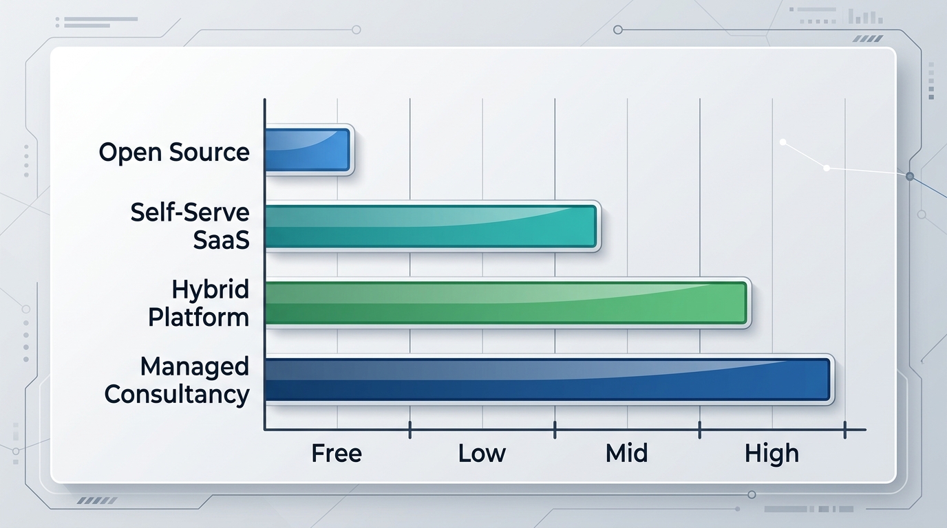A horizontal bar chart showing four categories of MMM tool type (open source, self-serve SaaS, hybrid platform, managed consultancy) plotted against a relative annual cost range, with no specific vendor names or invented dollar figures, only labeled cost tiers such as "free," "low," "mid," and "high."