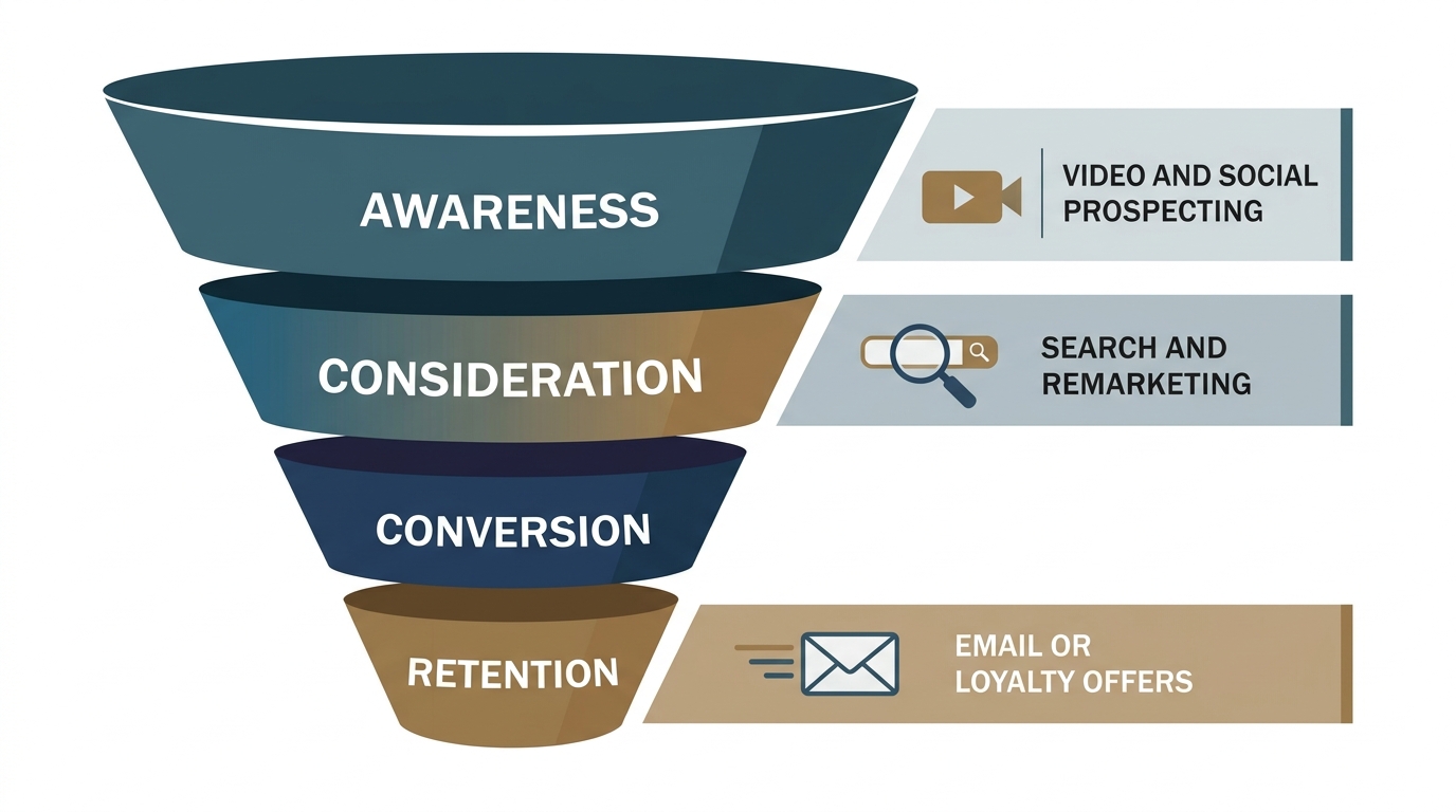 A simple funnel diagram with four labeled stages—awareness, consideration, conversion, retention—each paired with example channel types such as video and social prospecting for awareness, search and remarketing for consideration, and email or loyalty offers for retention, with no numeric values shown