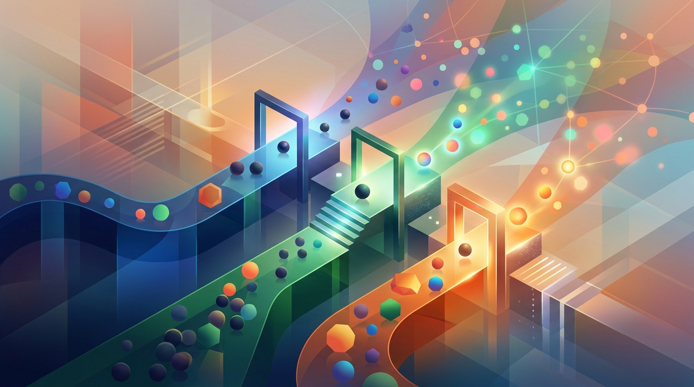 A text-free conceptual business visual about Fund learning thresholds in the context of paid media budget allocation, using abstract shapes and objects with no title, labels, words, numbers, logos, or fabricated data