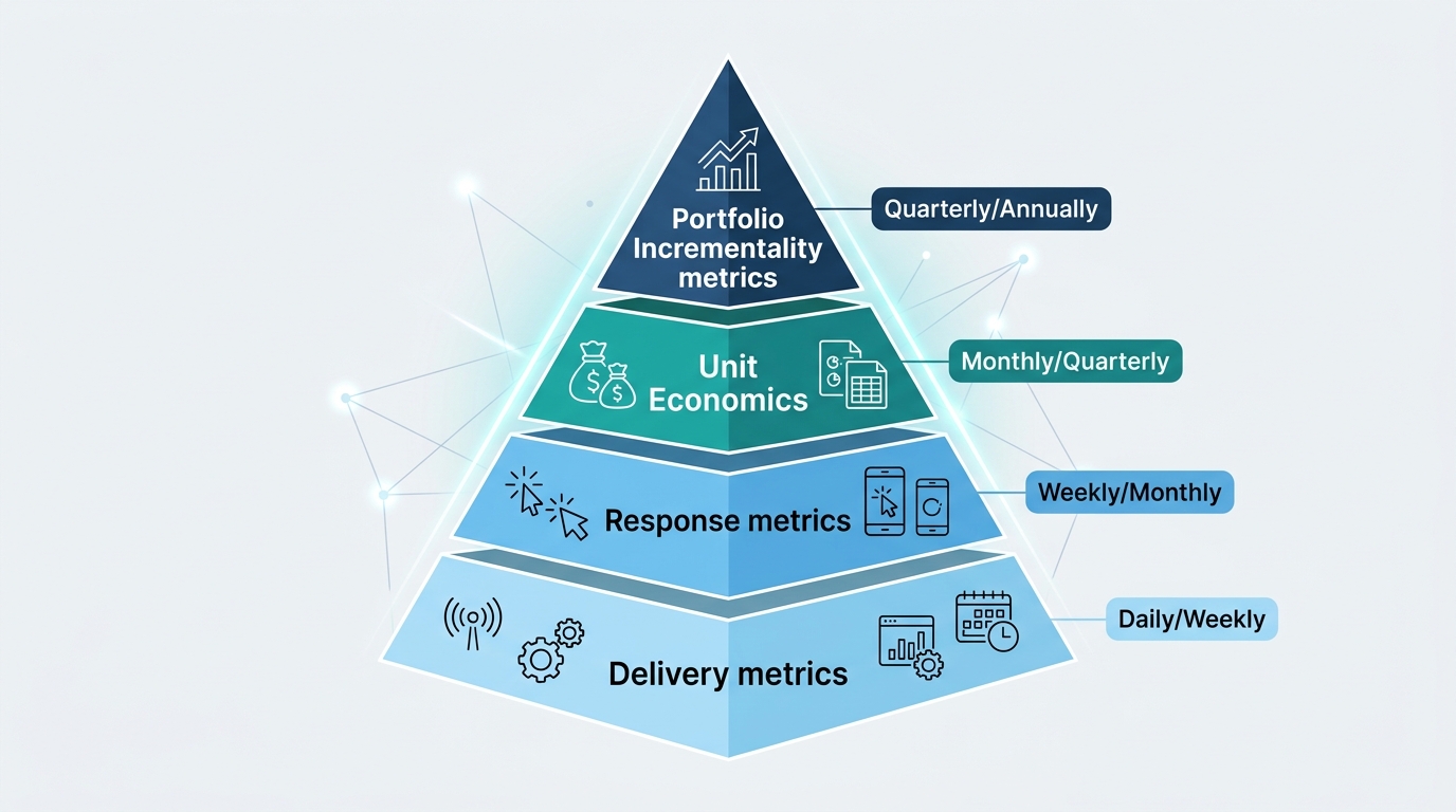 A pyramid diagram that shows the four-tier paid media KPI hierarchy with Delivery metrics at the base, followed by Response metrics, Unit Economics, and Portfolio Incrementality metrics at the apex, labeled with their respective evaluation cadences.