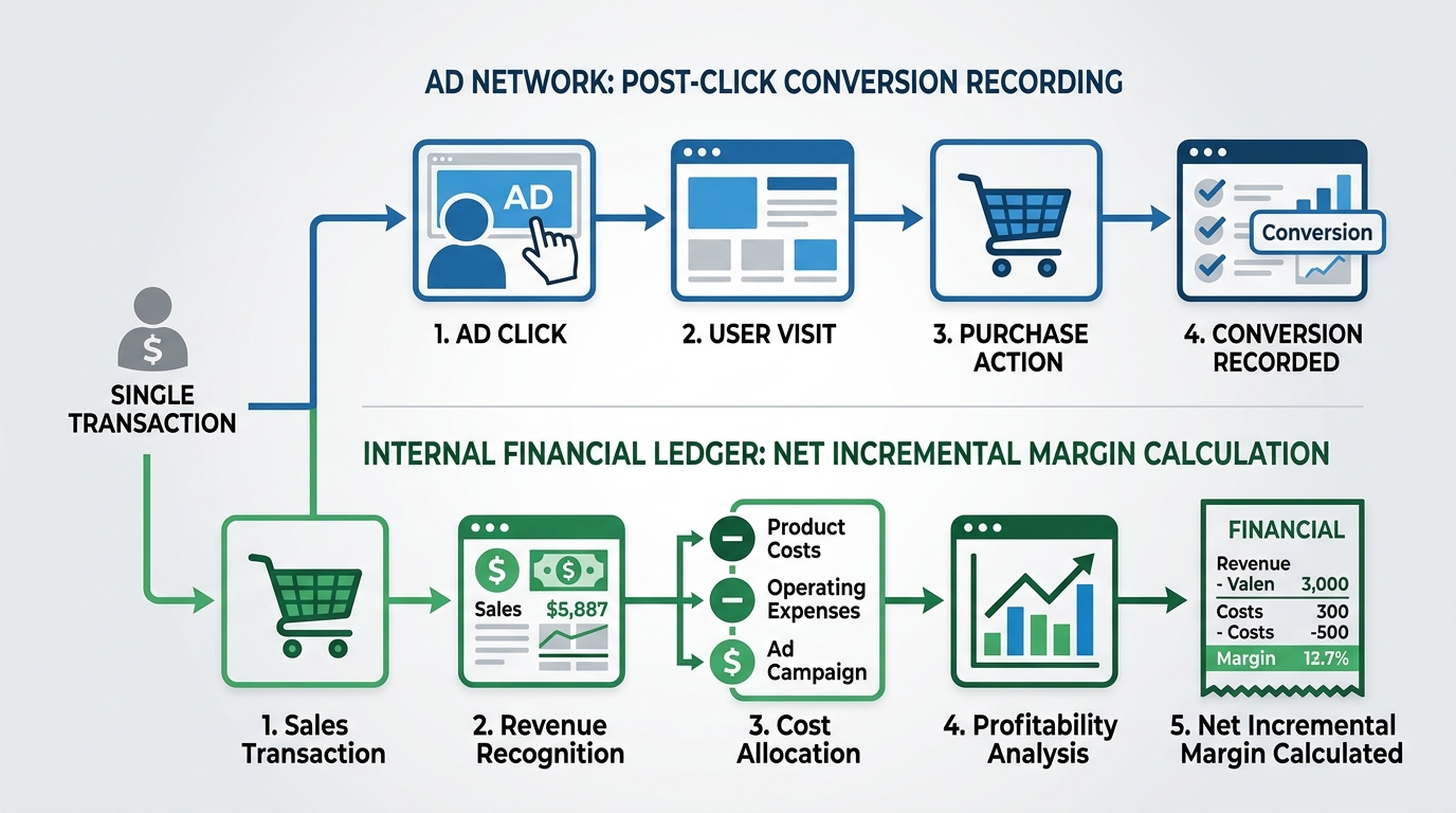 A flowchart that compares how an ad network records a post-click conversion versus how an internal financial ledger calculates net incremental margin from that same transaction.
