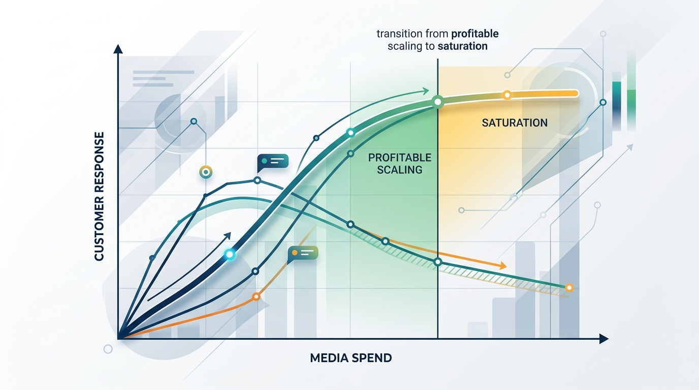 A multi-line graph that plots media spend against customer response, illustrating the diminishing marginal return curve and marking the transition from profitable scaling to saturation.