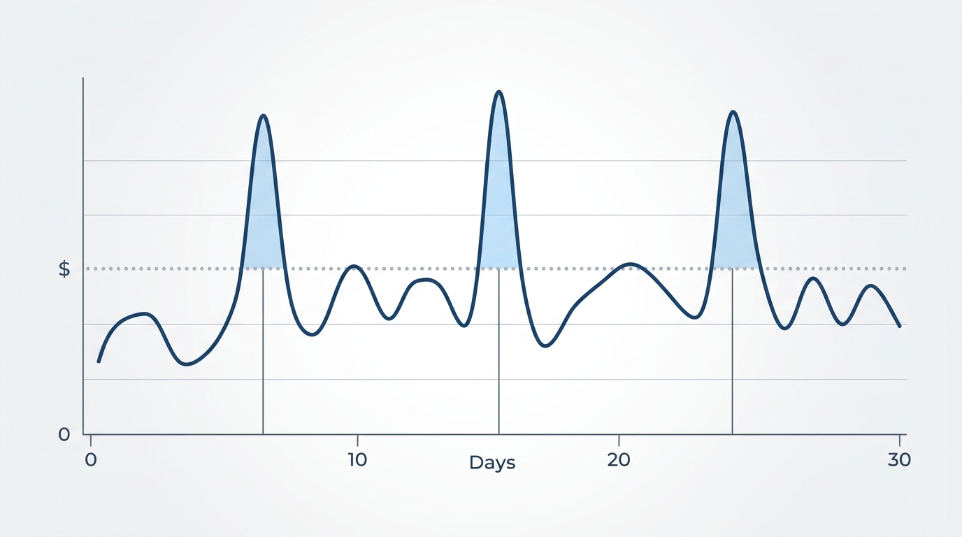 a line chart showing daily ad spend across a 30-day period, with a flat budget line overlaid, highlighting three days where spend exceeded the daily target