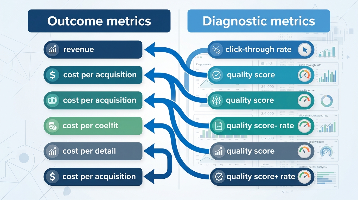a two-column diagram showing "Outcome metrics" on the left, such as revenue and cost per acquisition, feeding from "Diagnostic metrics" on the right, such as click-through rate and quality score, with arrows showing diagnostics explaining changes in outcomes