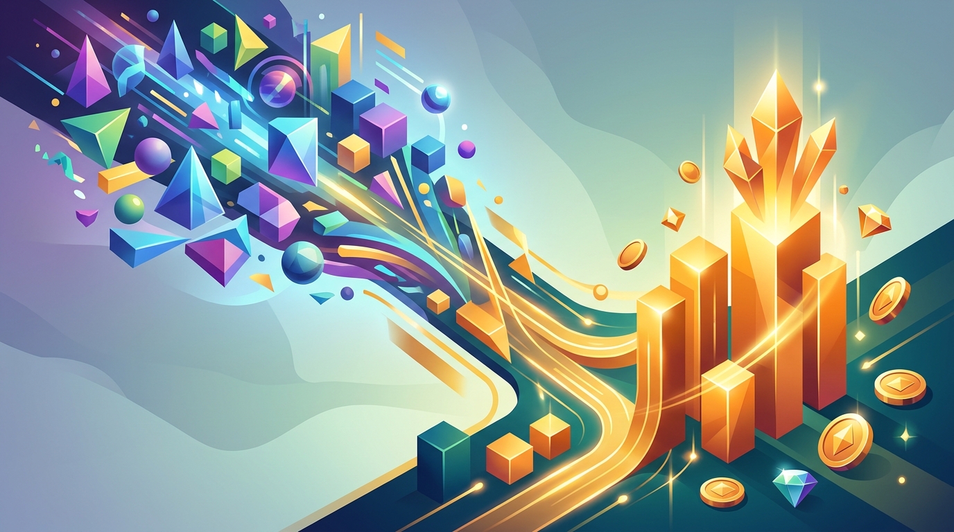 A text-free conceptual business visual about Business outcomes in the context of paid media reporting template, using abstract shapes and objects with no title, labels, words, numbers, logos, or fabricated data
