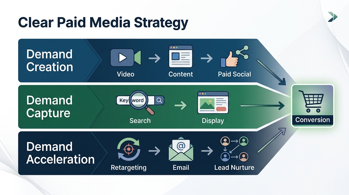 A simple diagram showing three horizontal lanes labeled Demand Creation, Demand Capture, and Demand Acceleration, each containing example channel icons such as video, search, and retargeting, with arrows showing a customer moving left to right through the lanes toward a final conversion box