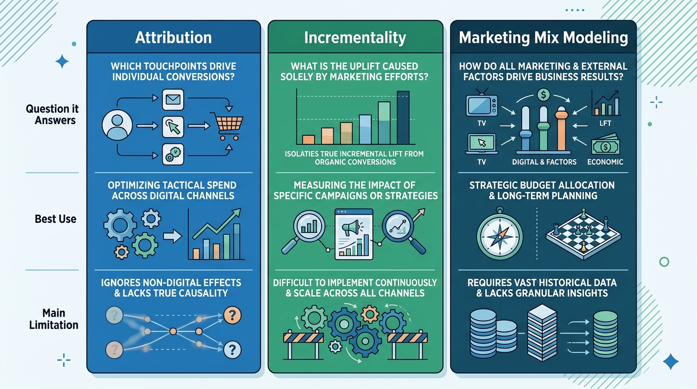 A three-column comparison table styled as an editorial chart, with columns labeled Attribution, Incrementality, and Marketing Mix Modeling, each listing the question it answers, its best use, and its main limitation, without any invented numeric figures