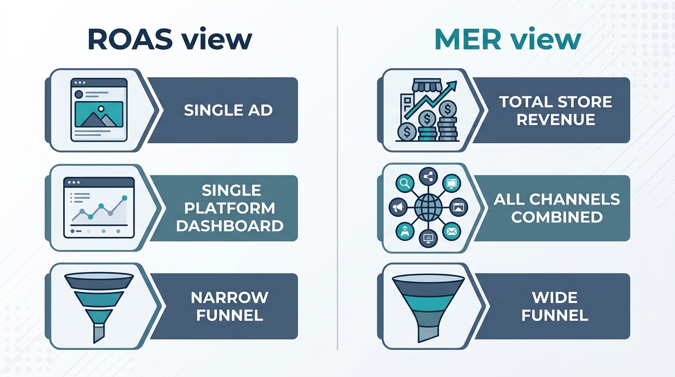 A two-column diagram showing "ROAS view" on the left with icons for a single ad, a single platform dashboard, and a narrow funnel, versus "MER view" on the right with icons for total store revenue, all channels combined, and a wide funnel. No numbers or logos, only labeled shapes.