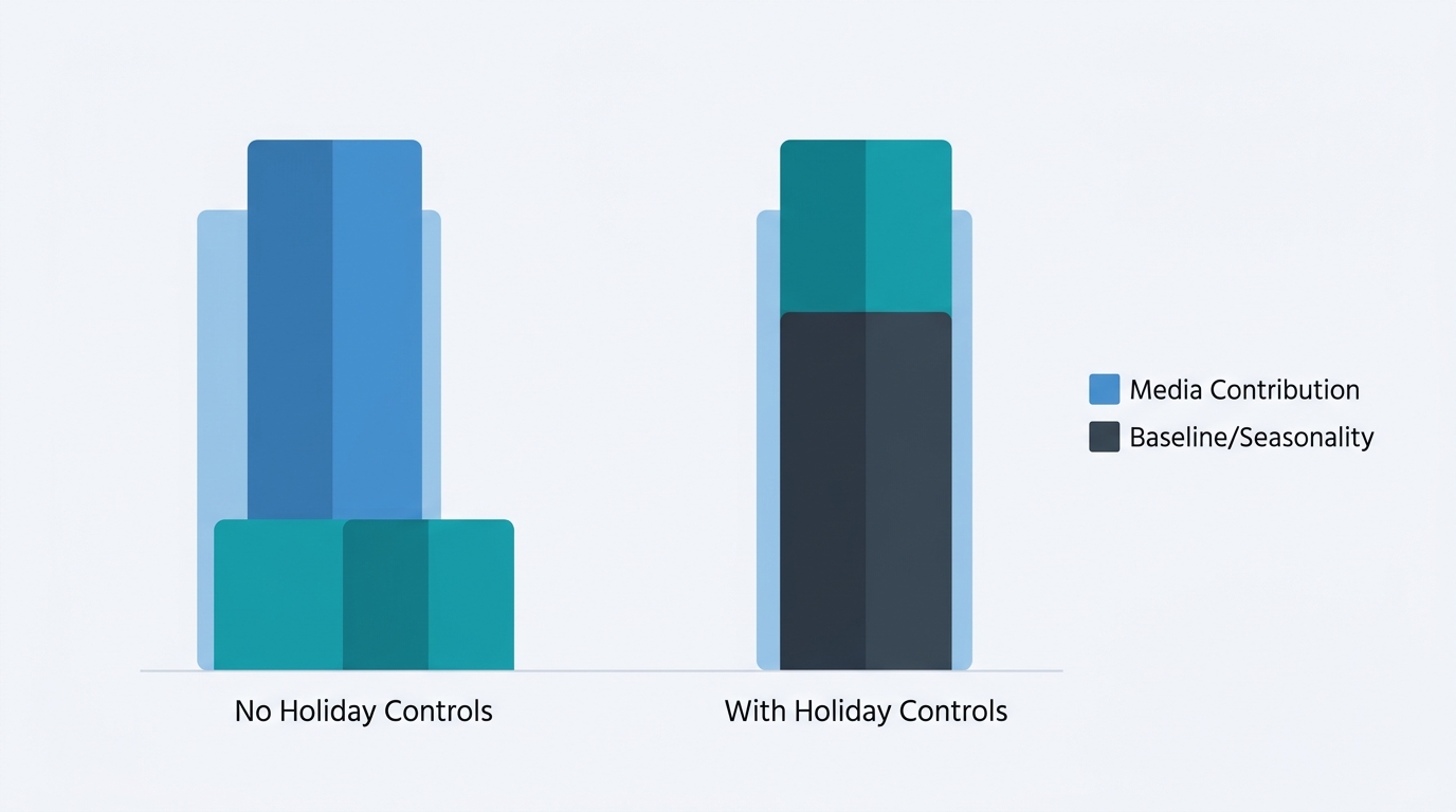 A bar chart comparing two scenarios for the same December sales period, one labeled "No Holiday Controls" showing a large media contribution bar, and one labeled "With Holiday Controls" showing a smaller media bar and a larger baseline/seasonality bar, both bars summing to the same total sales
