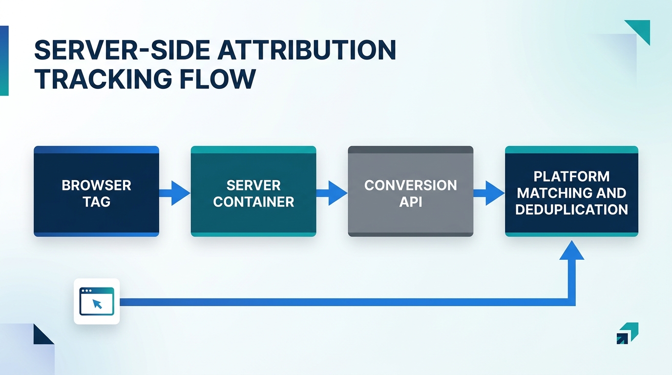 A labeled flow diagram showing four boxes in sequence: browser tag, server container, conversion API, and platform matching and deduplication, with arrows showing event flow and a separate arrow showing the browser pixel event joining the flow at the deduplication stage