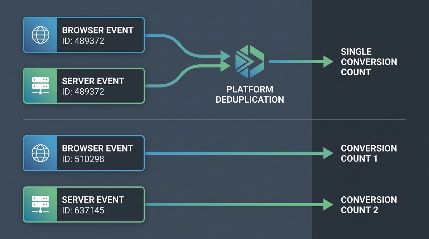 A simple sequence diagram showing a browser event and a server event both carrying the same event ID, converging at a platform deduplication step, with a single conversion count as the output, and a second parallel sequence showing two different event IDs producing two separate conversion counts