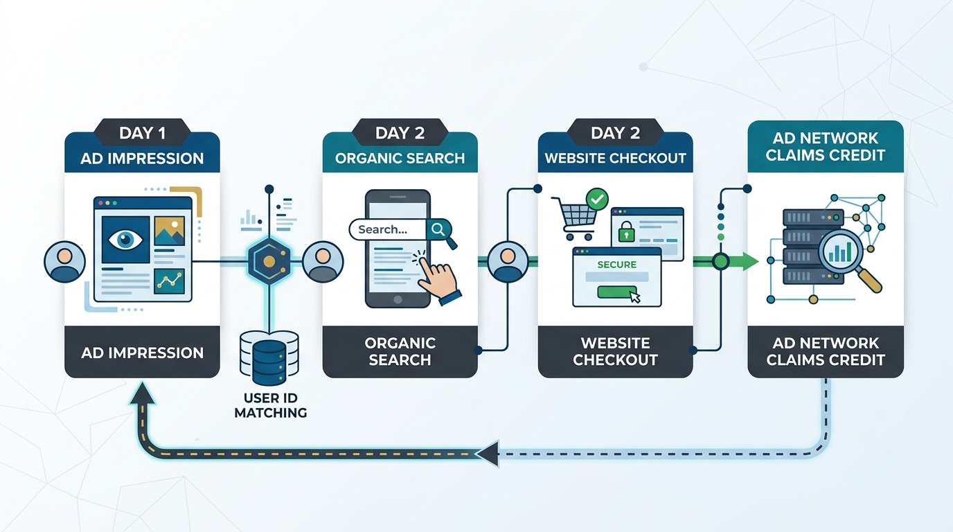 A horizontal flow diagram showing an ad impression on Day 1, an organic brand search on Day 2, a website checkout on Day 2, and the ad network retroactively claiming credit through a matching user ID.