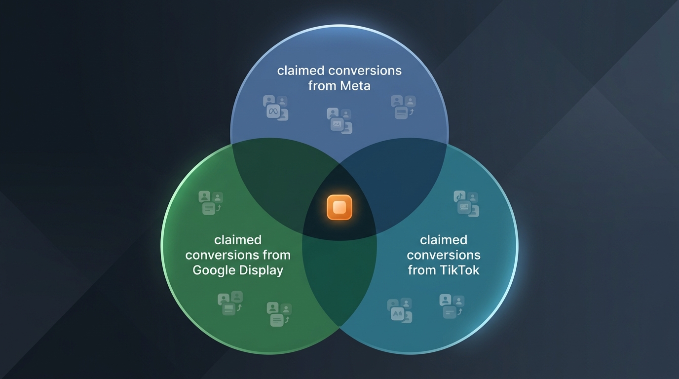 A Venn diagram showing three overlapping circles representing claimed conversions from Meta, Google Display, and TikTok, with a single actual conversion placed in the central intersection.