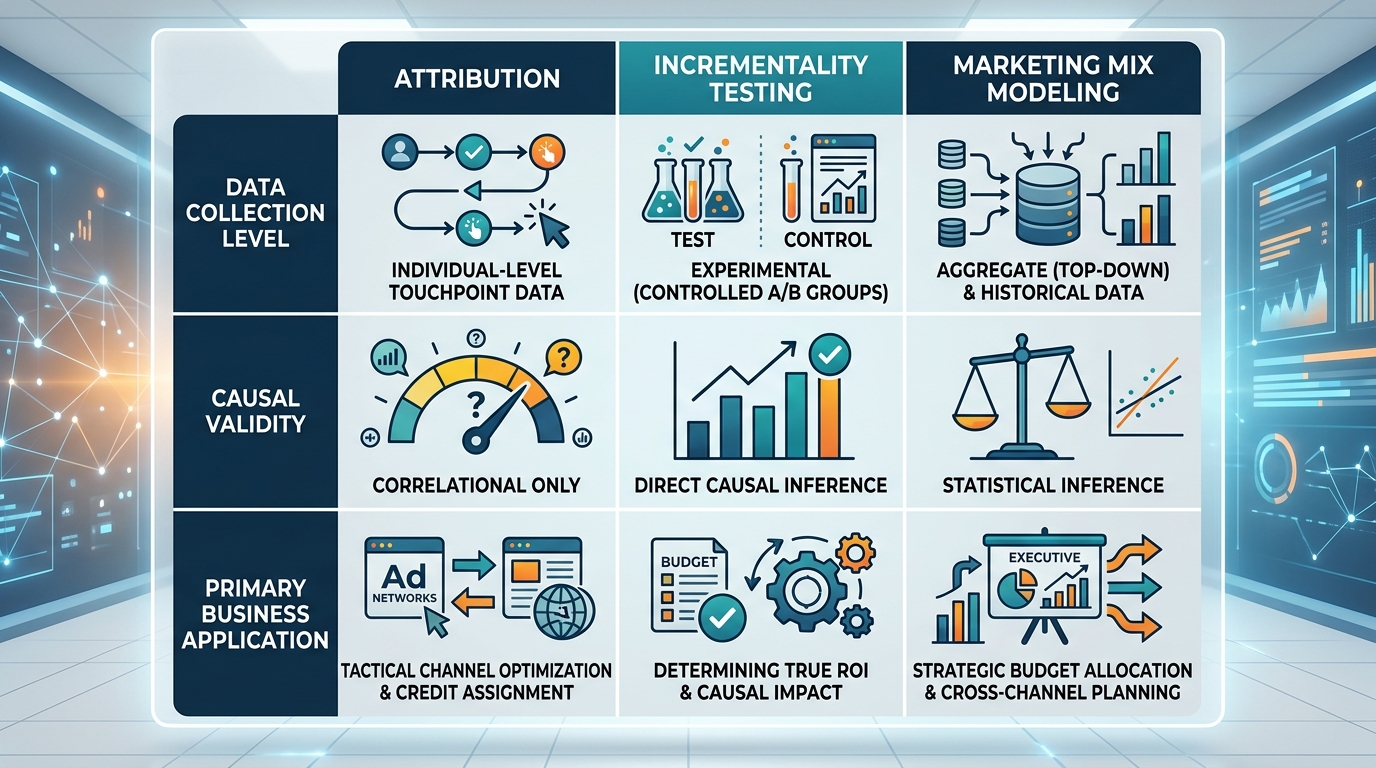 A comparison matrix showing Attribution, Incrementality Testing, and Marketing Mix Modeling mapped across three criteria: data collection level, causal validity, and primary business application.
